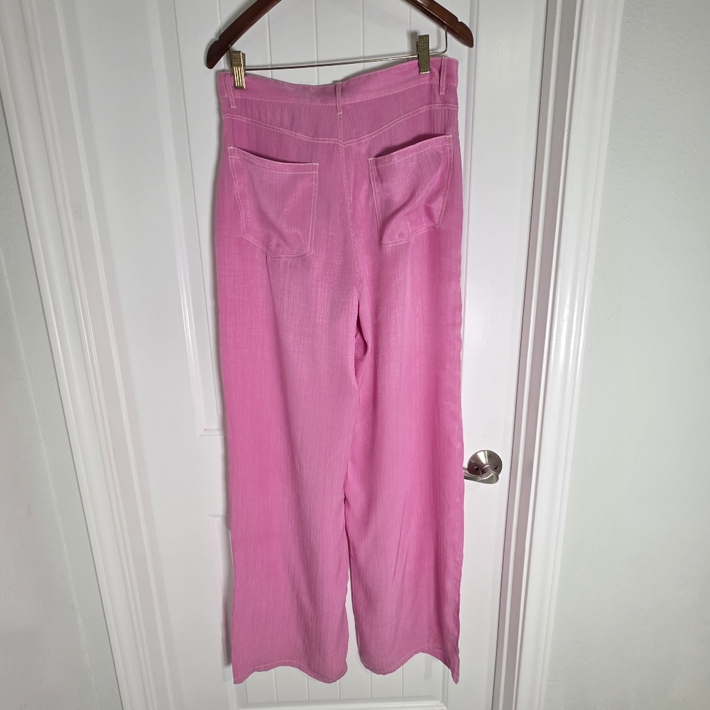 NWT Pink Zara High Waist Wide Leg Bubblegum Pink Trousers Pants Large - Picture 4 of 6